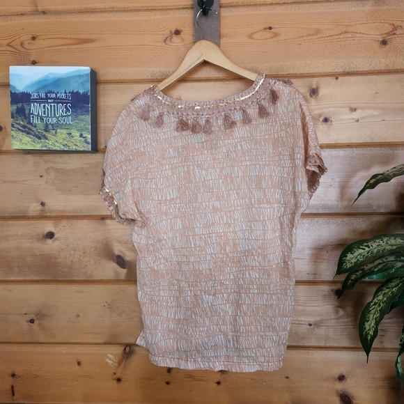 J Crew 💜 Sea Grass Peach Top Tassle Fringe Sequin Bead Trim Shirt Semi Sheer 6 - Picture 10 of 11